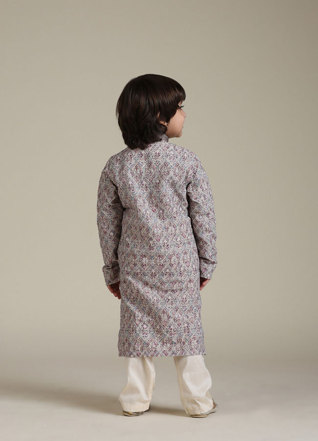 Manyavar Boys Boys Soft Beige Chikankari Inspired Buta Printed Kurta Set