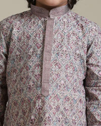 Manyavar Boys Boys Soft Beige Chikankari Inspired Buta Printed Kurta Set