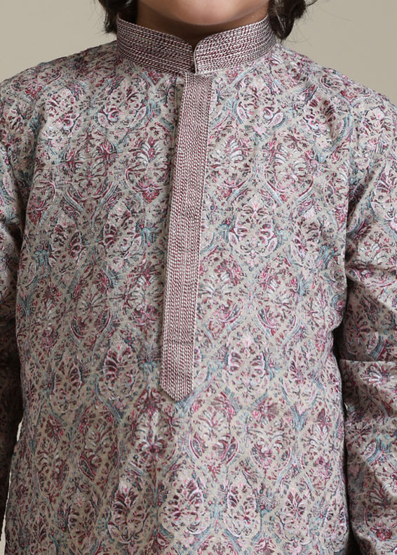 Manyavar Boys Boys Soft Beige Chikankari Inspired Buta Printed Kurta Set