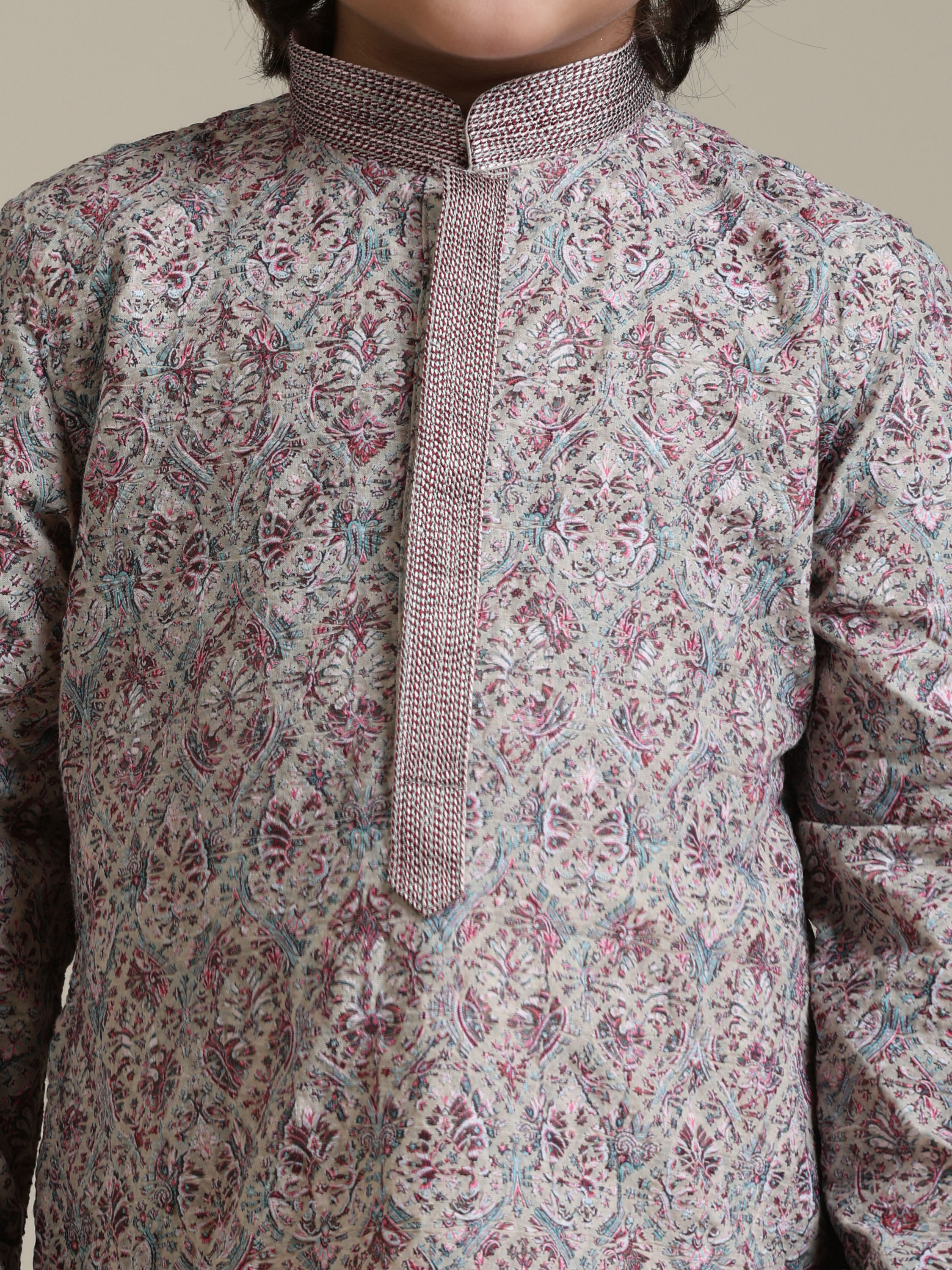 Manyavar Boys Boys Soft Beige Chikankari Inspired Buta Printed Kurta Set