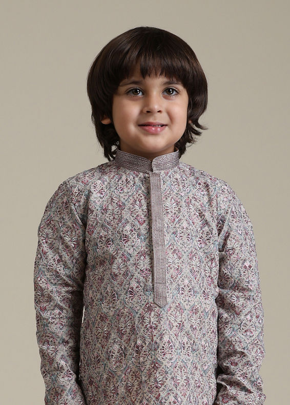 Manyavar Boys Boys Soft Beige Chikankari Inspired Buta Printed Kurta Set