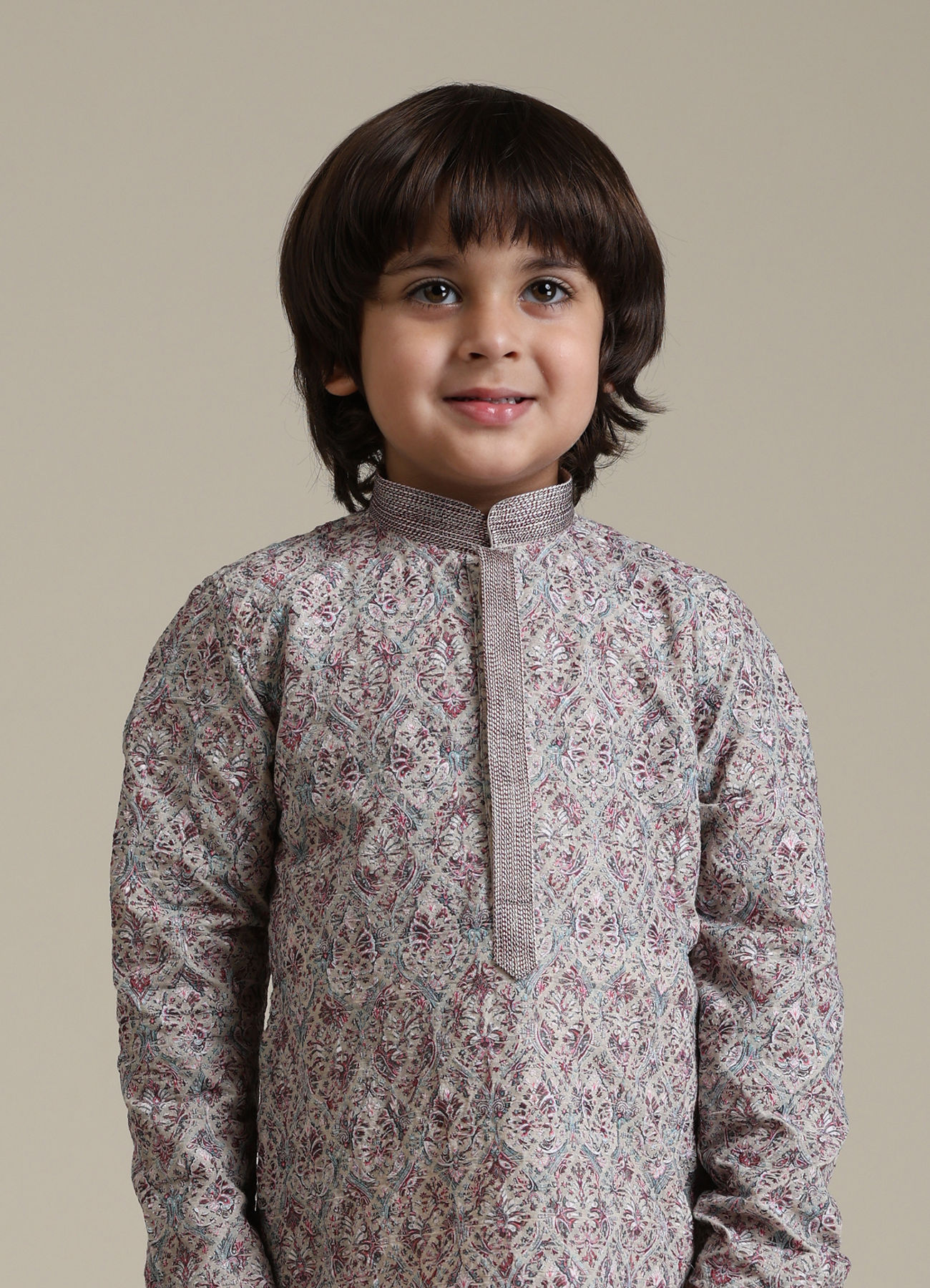 Manyavar Boys Boys Soft Beige Chikankari Inspired Buta Printed Kurta Set