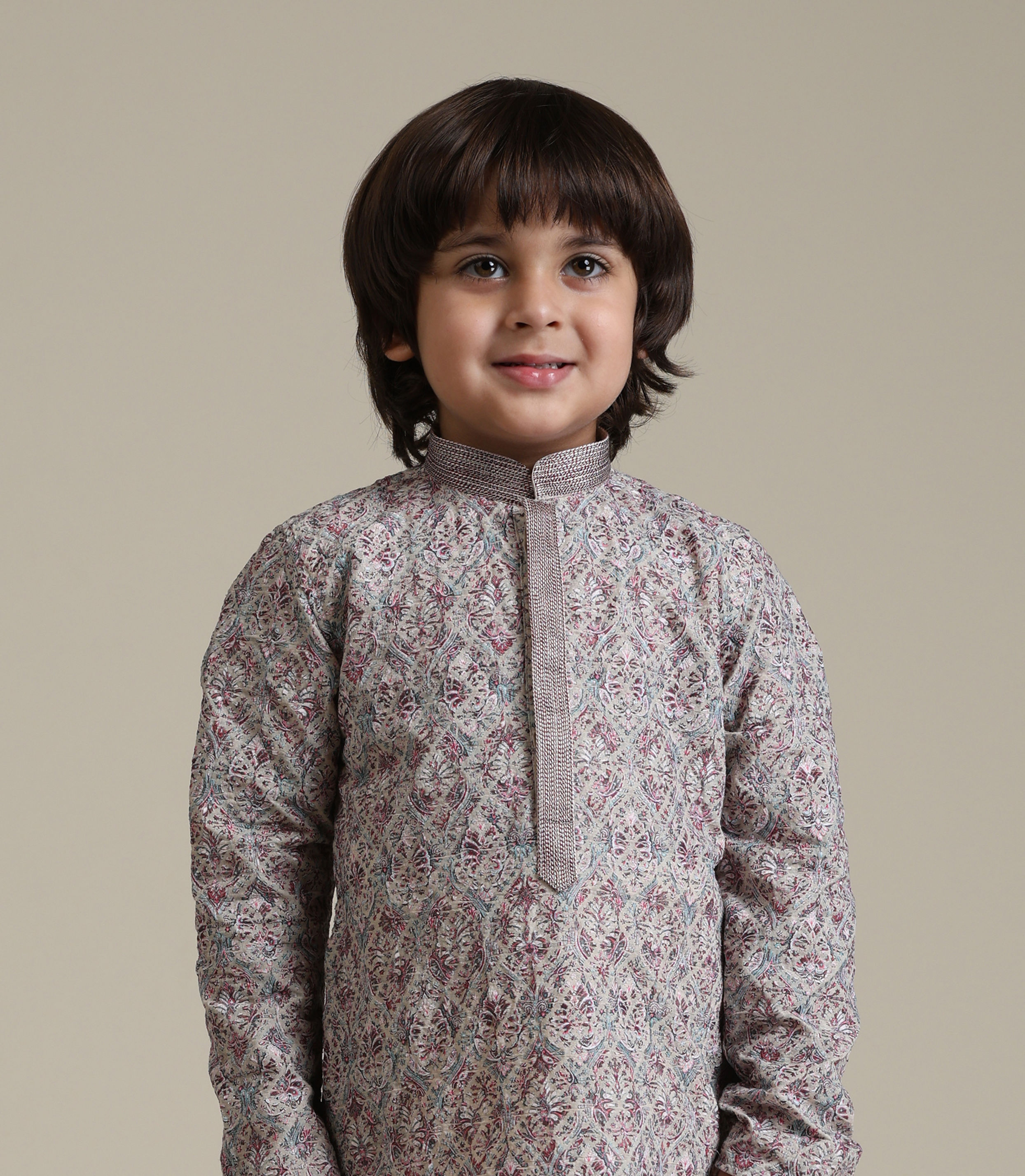 Manyavar Boys Boys Soft Beige Chikankari Inspired Buta Printed Kurta Set