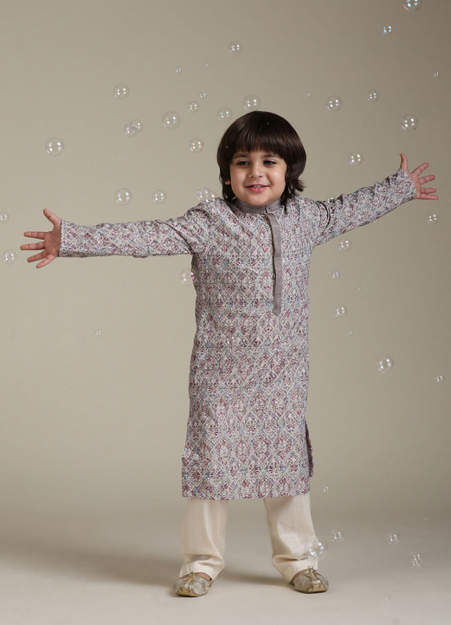Manyavar Boys Boys Soft Beige Chikankari Inspired Buta Printed Kurta Set