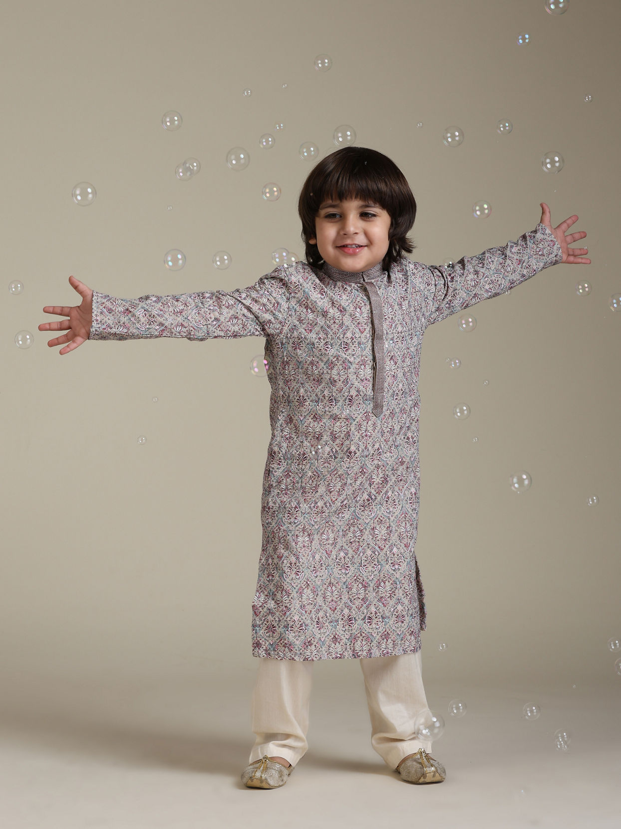 Manyavar Boys Boys Soft Beige Chikankari Inspired Buta Printed Kurta Set