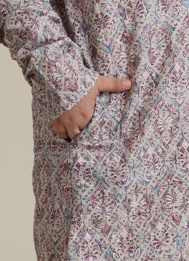 Manyavar Boys Boys Soft Beige Chikankari Inspired Buta Printed Kurta Set