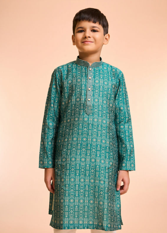 Manyavar Boys Vibrant Teal Green Kurta Pajama