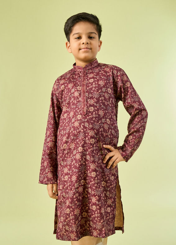 Manyavar Boys Wine Maroon Viscose Kurta Pajama