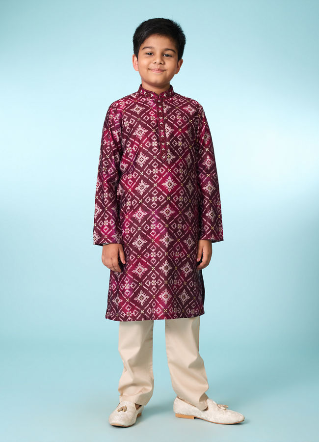 Manyavar Boys Festive Wine Kurta Pajama Set