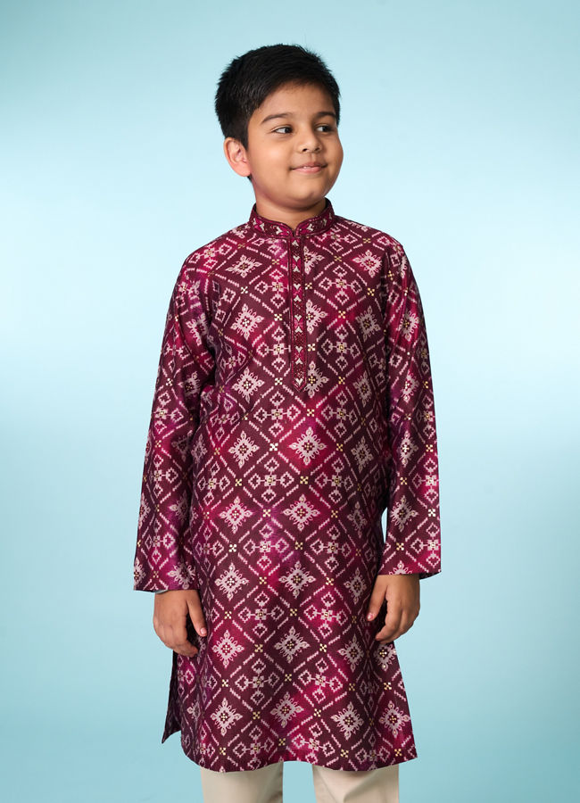 Manyavar Boys Festive Wine Kurta Pajama Set