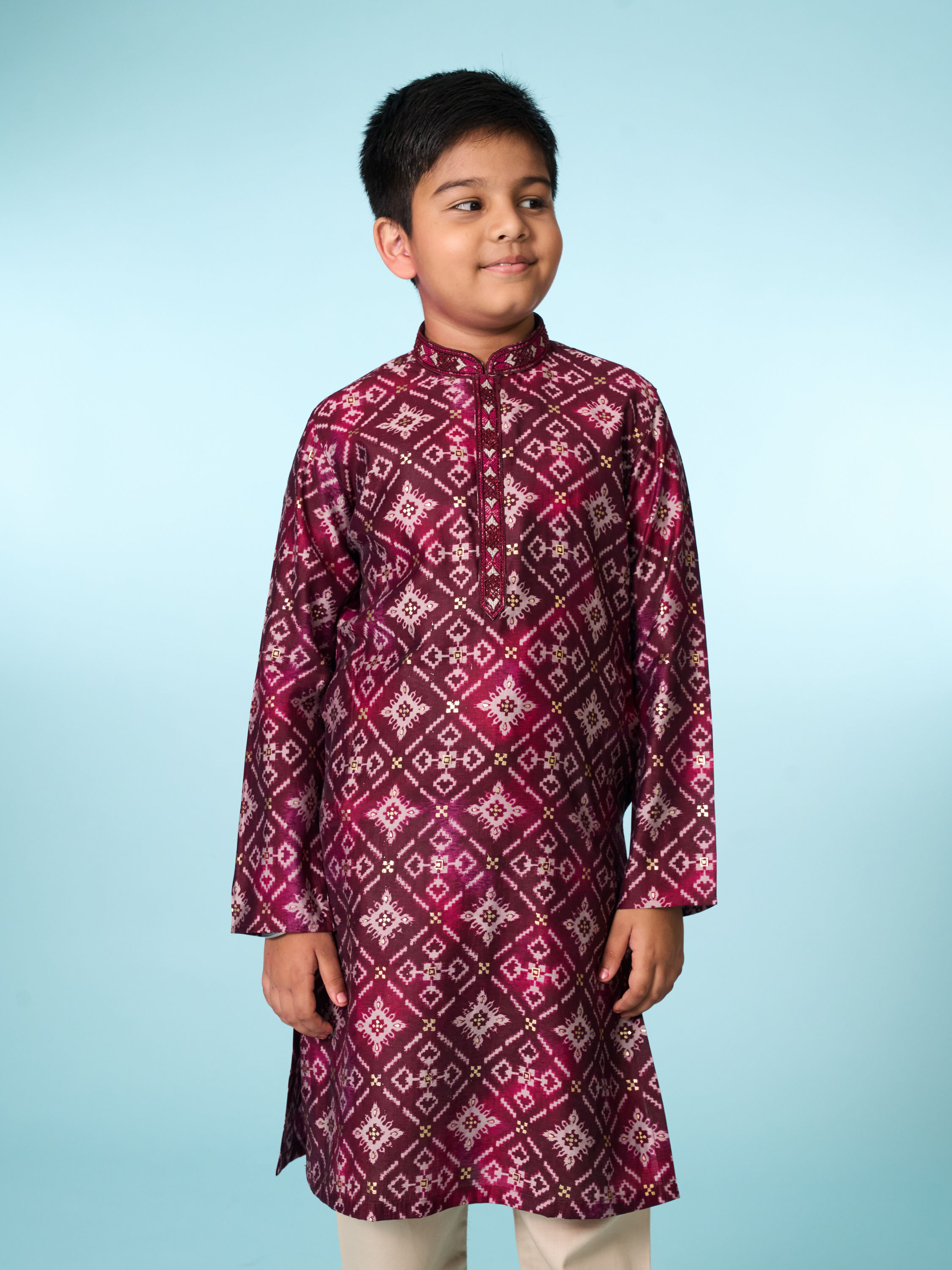 Manyavar Boys Festive Wine Kurta Pajama Set