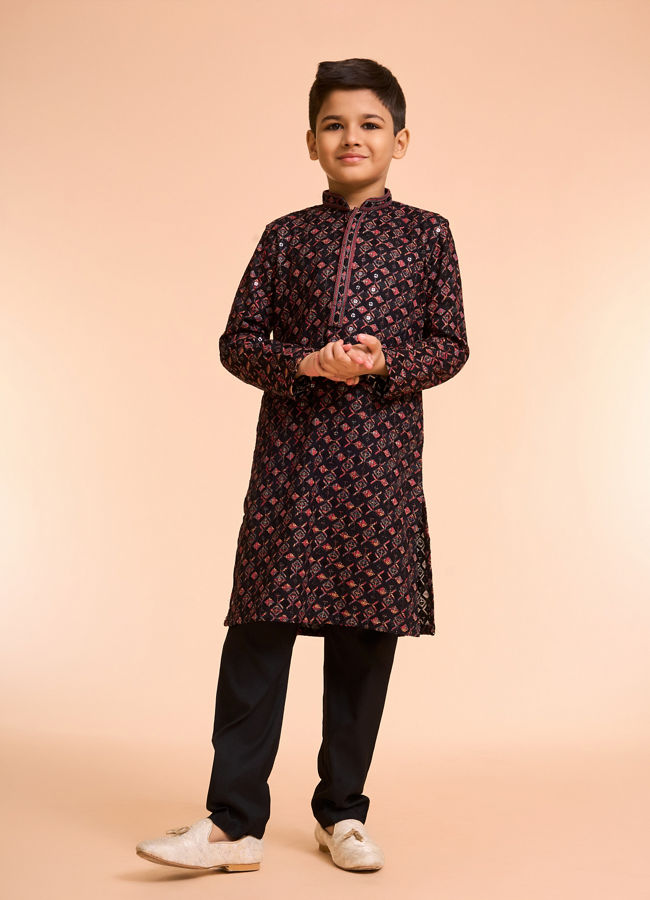 Manyavar Boys Black Vermillion Viscose Kurta Pyjama