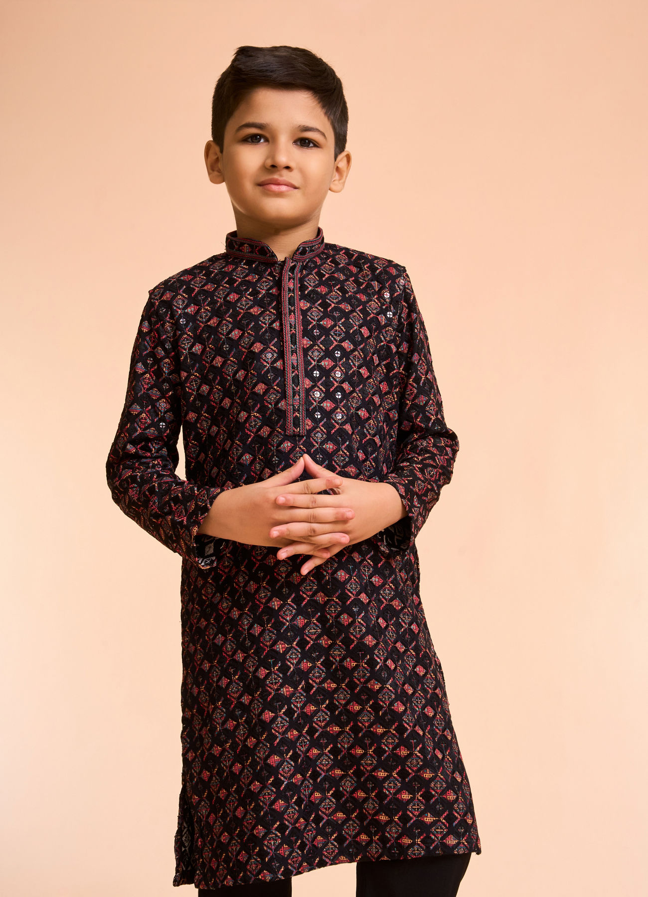 Manyavar Boys Black Vermillion Viscose Kurta Pyjama