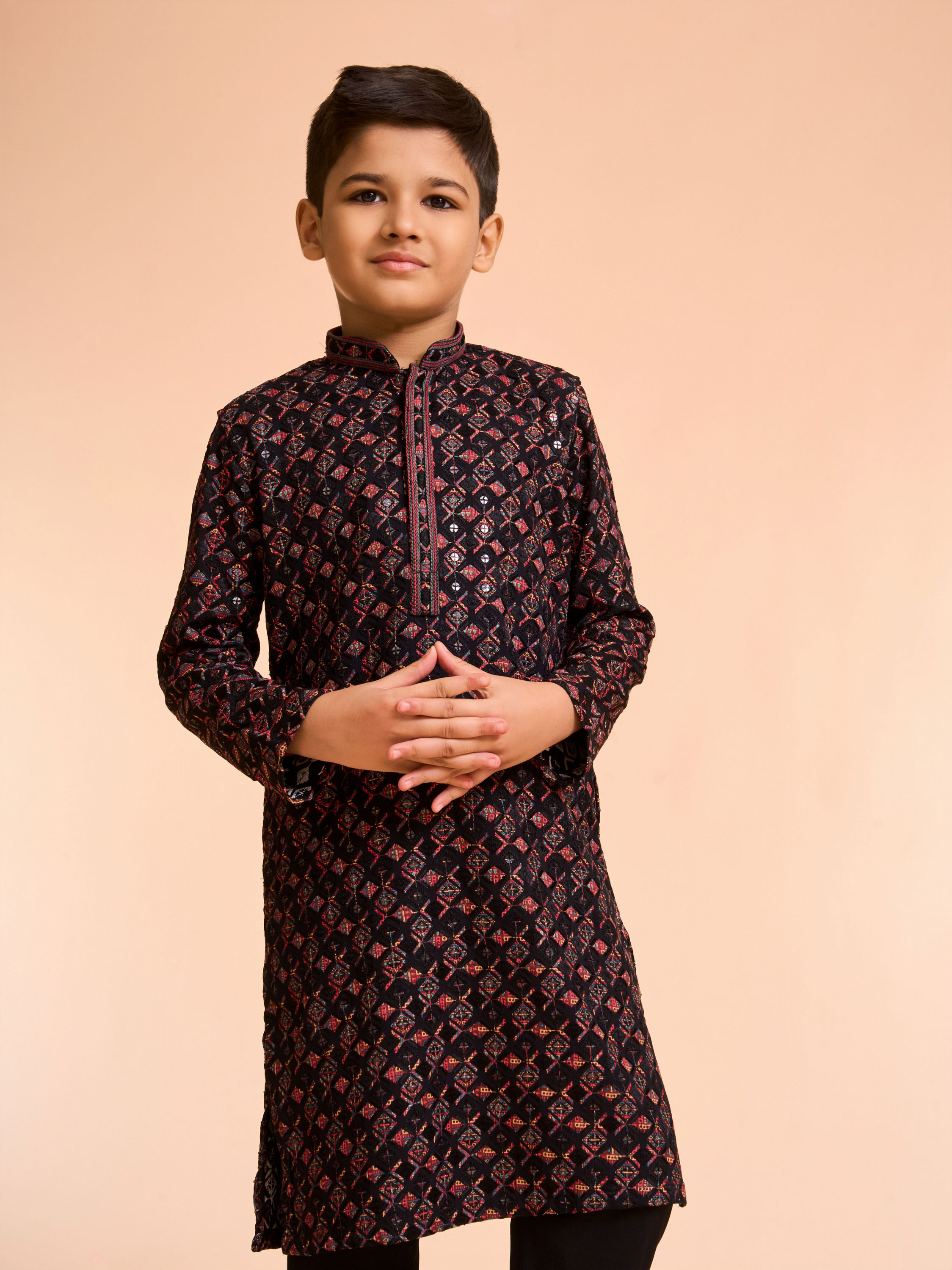 Manyavar Boys Black Vermillion Viscose Kurta Pyjama