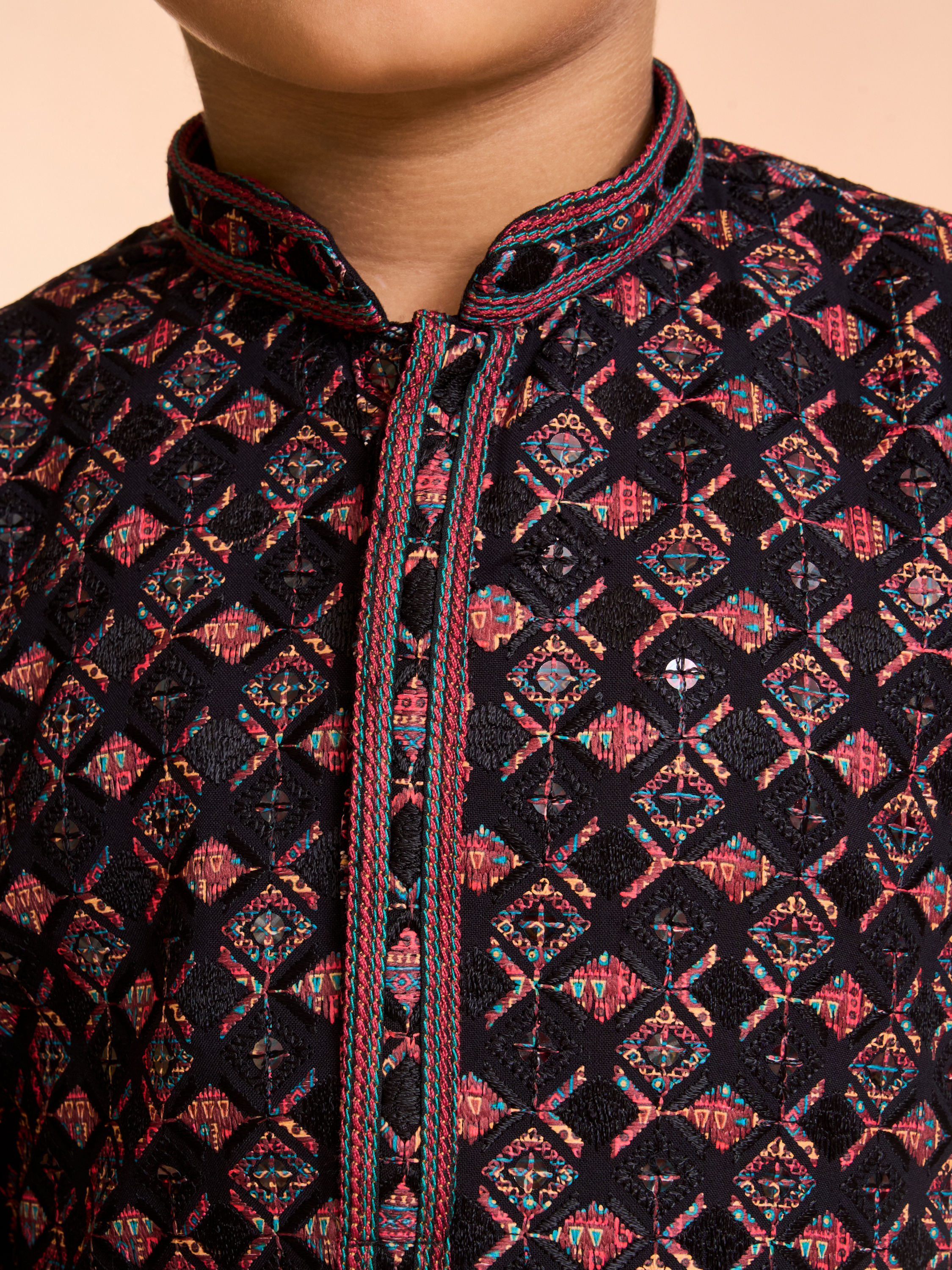 Manyavar Boys Black Vermillion Viscose Kurta Pyjama