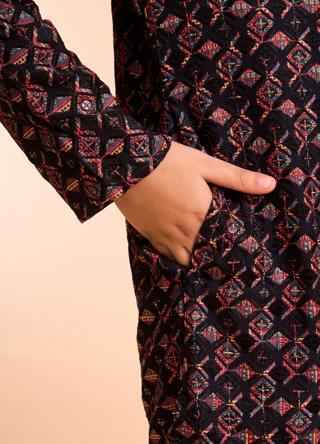 Manyavar Boys Black Vermillion Viscose Kurta Pyjama