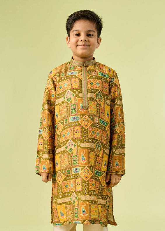 Manyavar Boys Mehndi Green Magic Kurta Pajama