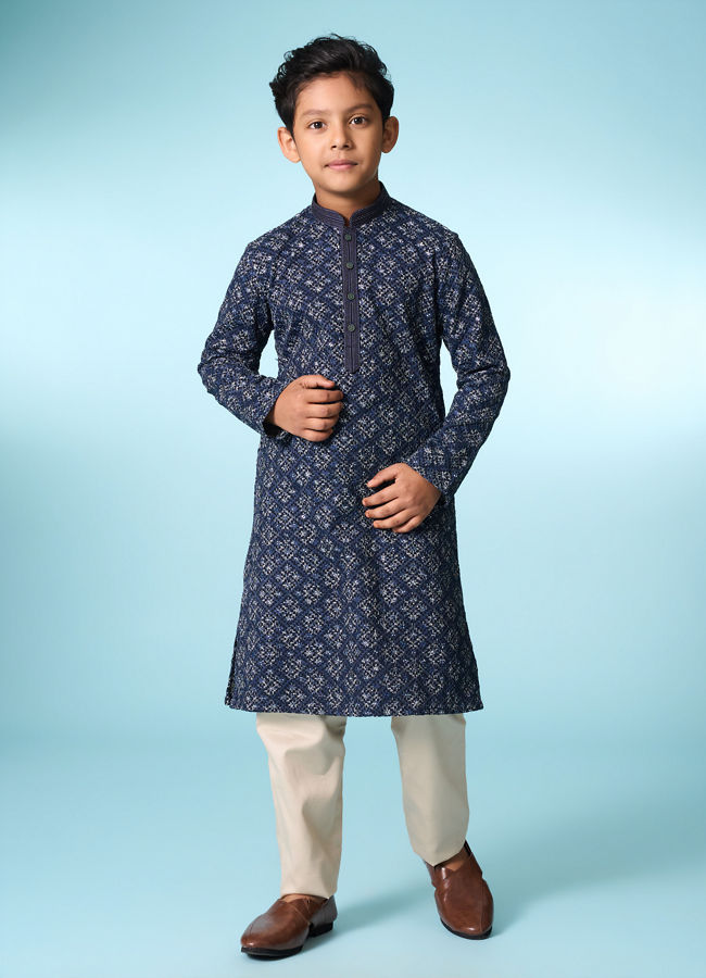 Manyavar Boys Dark Blue Regal Kurta Pajama Set