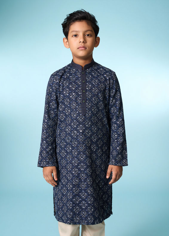Manyavar Boys Dark Blue Regal Kurta Pajama Set