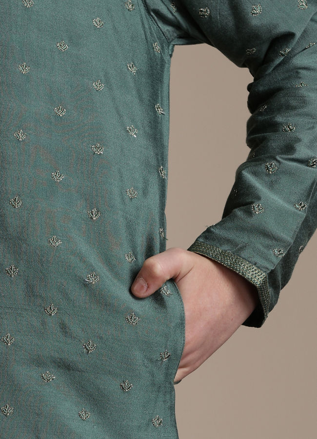 Manyavar Boys Boys Olive Green Buta Patterned Kurta Set