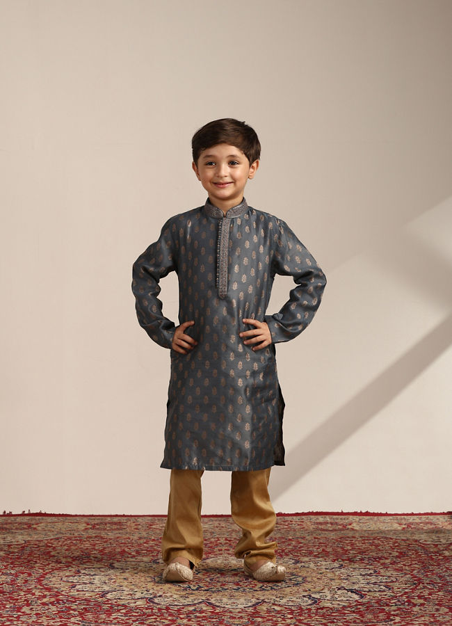 Boys Steel Grey Buta Printed Kurta Set image number 2