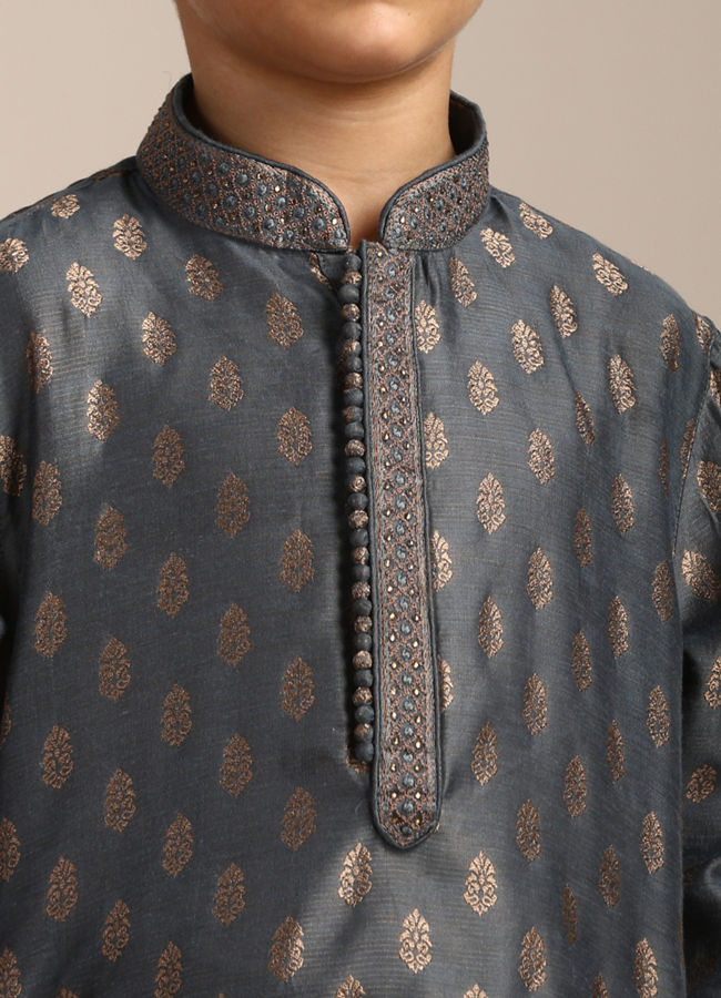 Manyavar Boys Boys Steel Grey Buta Printed Kurta Set