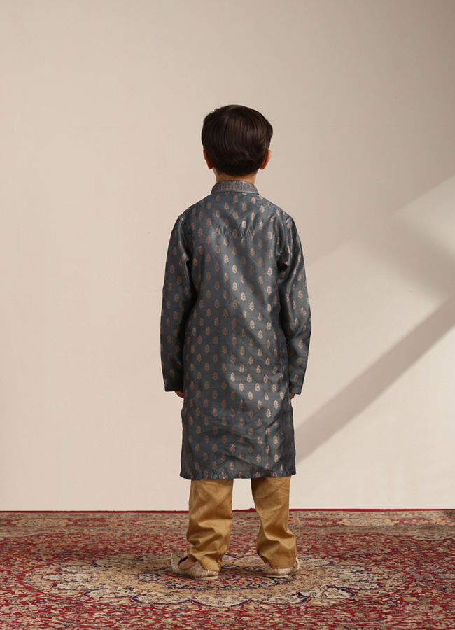 Boys Steel Grey Buta Printed Kurta Set image number 4