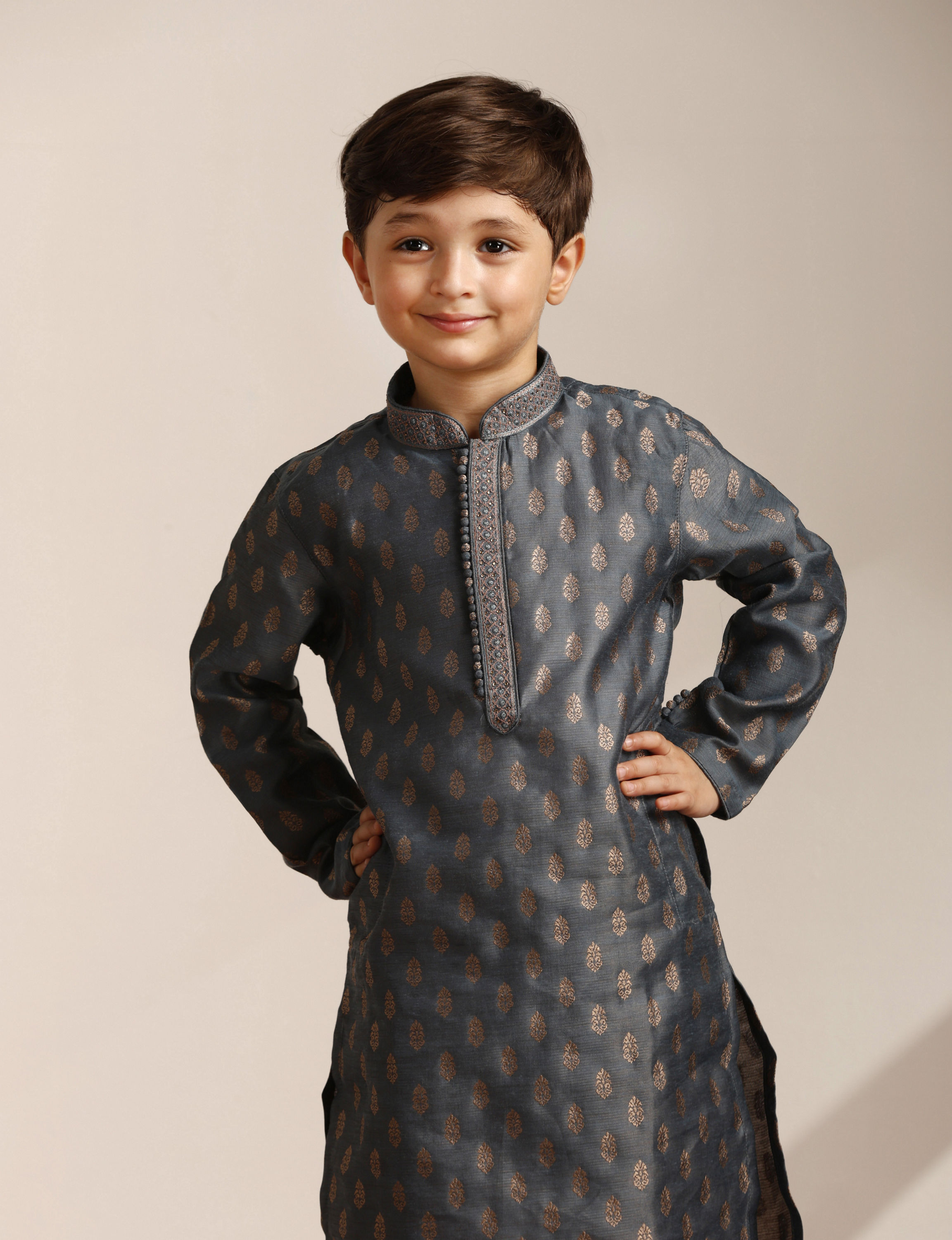 Manyavar Boys Boys Steel Grey Buta Printed Kurta Set