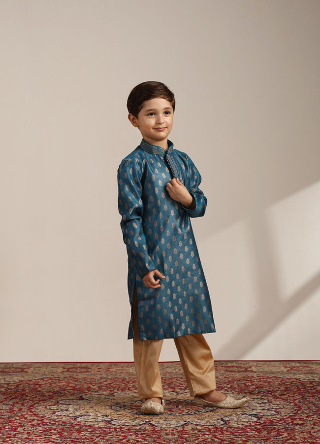 Boys Azure Blue Buta Printed Kurta Set image number 2