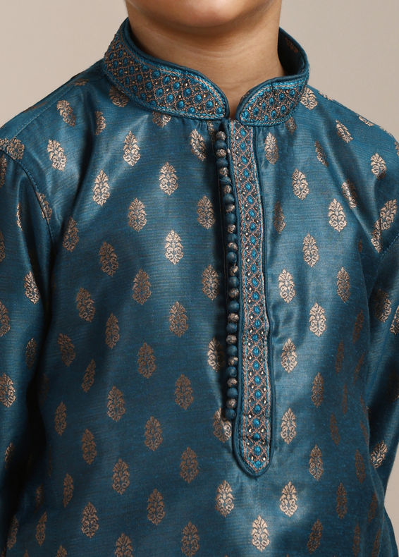 Manyavar Boys Boys Azure Blue Buta Printed Kurta Set