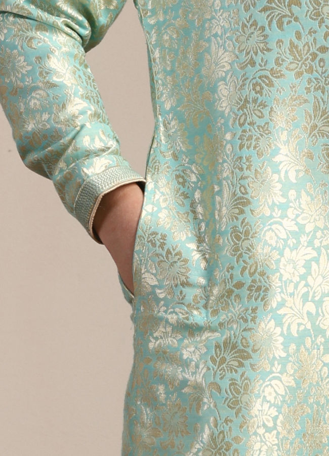 Manyavar Boys Boys Mint Green Bel Buti Patterned Kurta Set