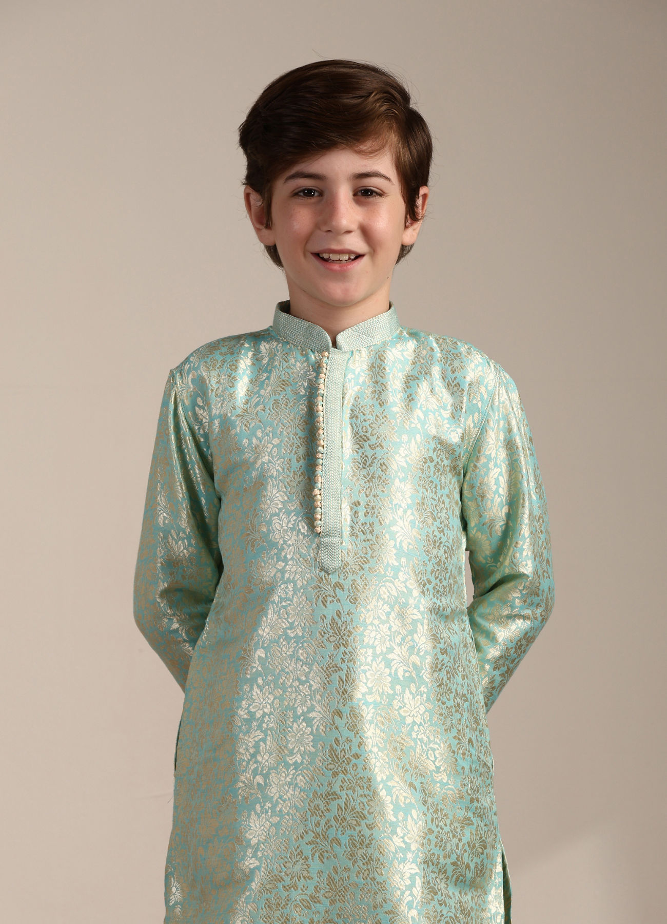 Manyavar Boys Boys Mint Green Bel Buti Patterned Kurta Set