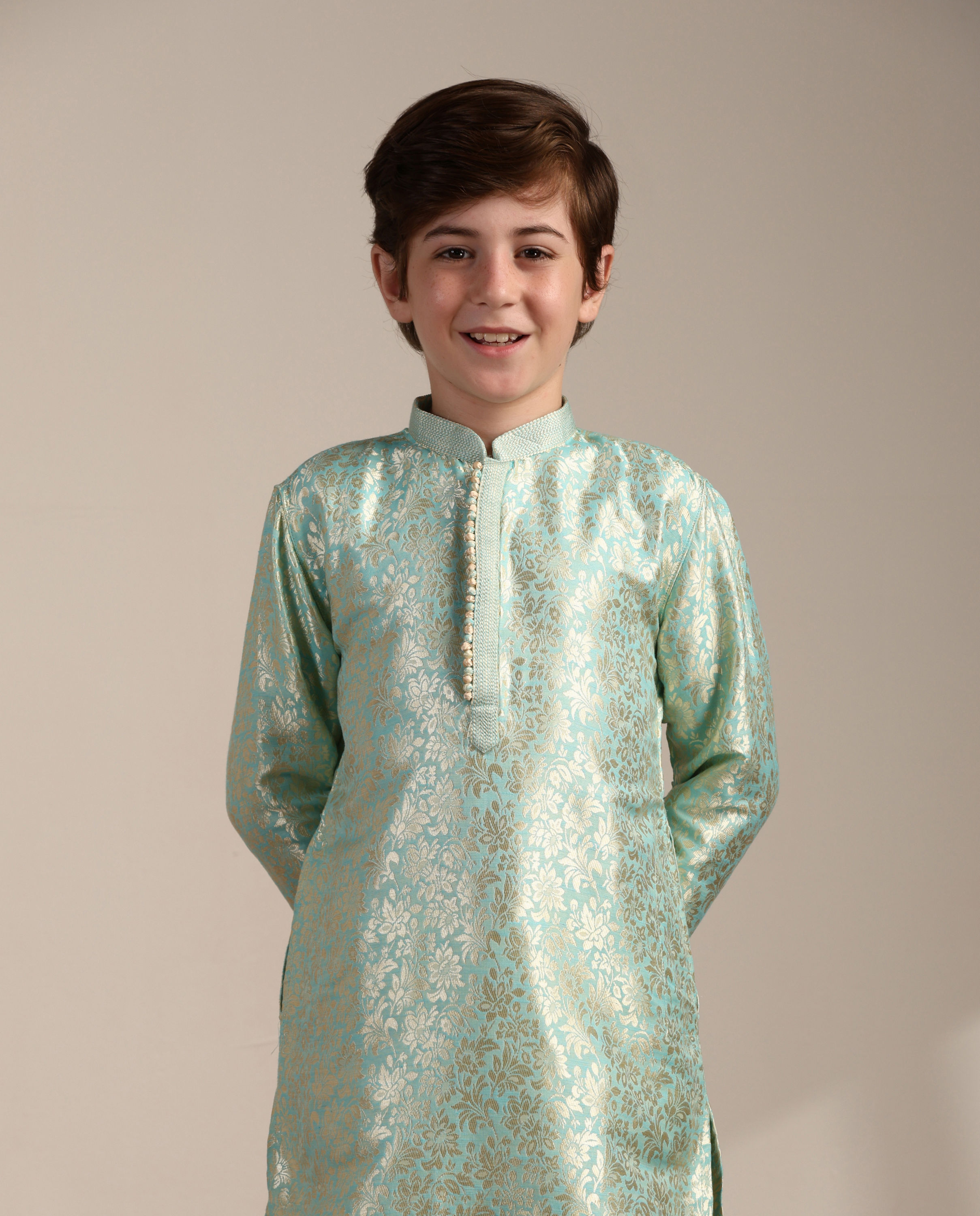 Manyavar Boys Boys Mint Green Bel Buti Patterned Kurta Set