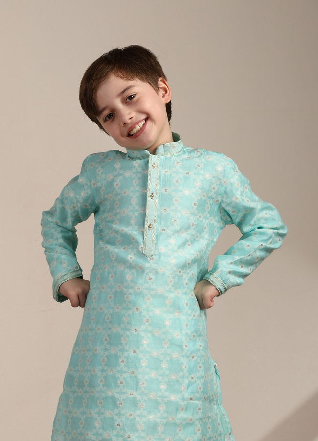 alt message - Manyavar Boys Boys Tropical Blue Floral Patterned Kurta Set image number 0