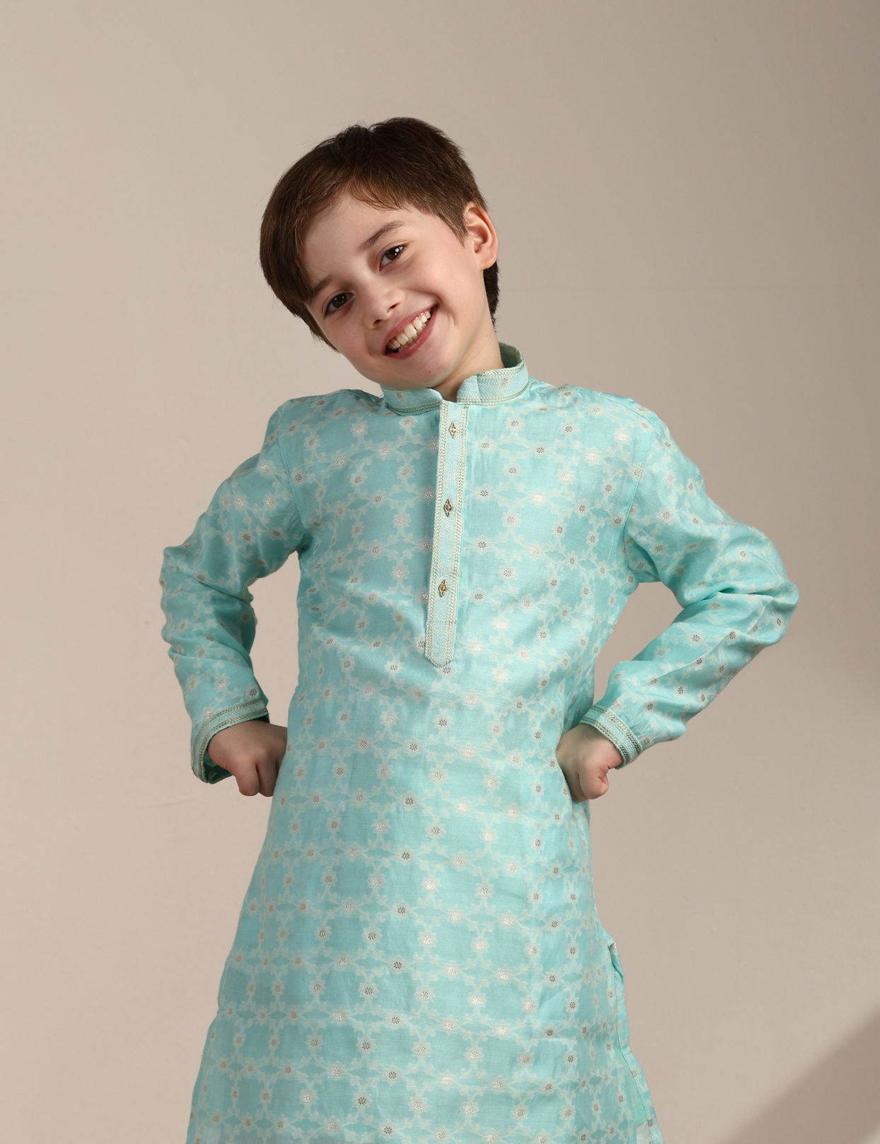 Manyavar Boys Boys Tropical Blue Floral Patterned Kurta Set