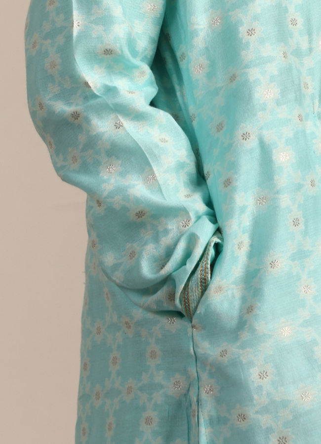 Manyavar Boys Boys Tropical Blue Floral Patterned Kurta Set