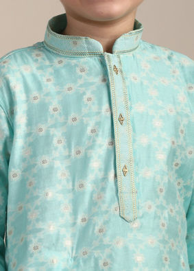 Boys Tropical Blue Floral Patterned Kurta Set image number 1