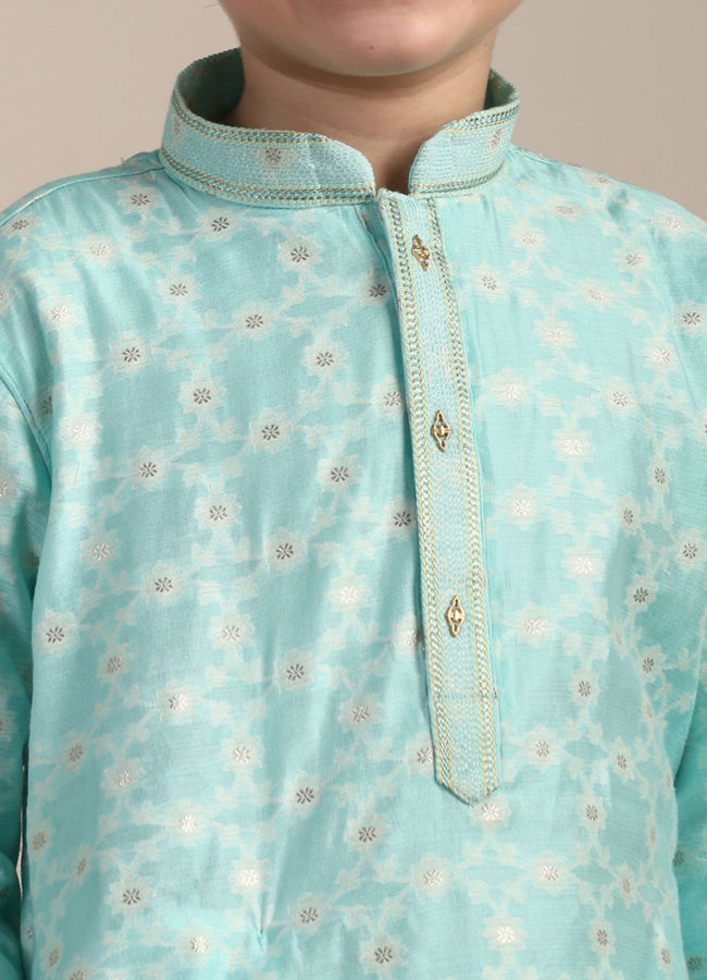 Manyavar Boys Boys Tropical Blue Floral Patterned Kurta Set