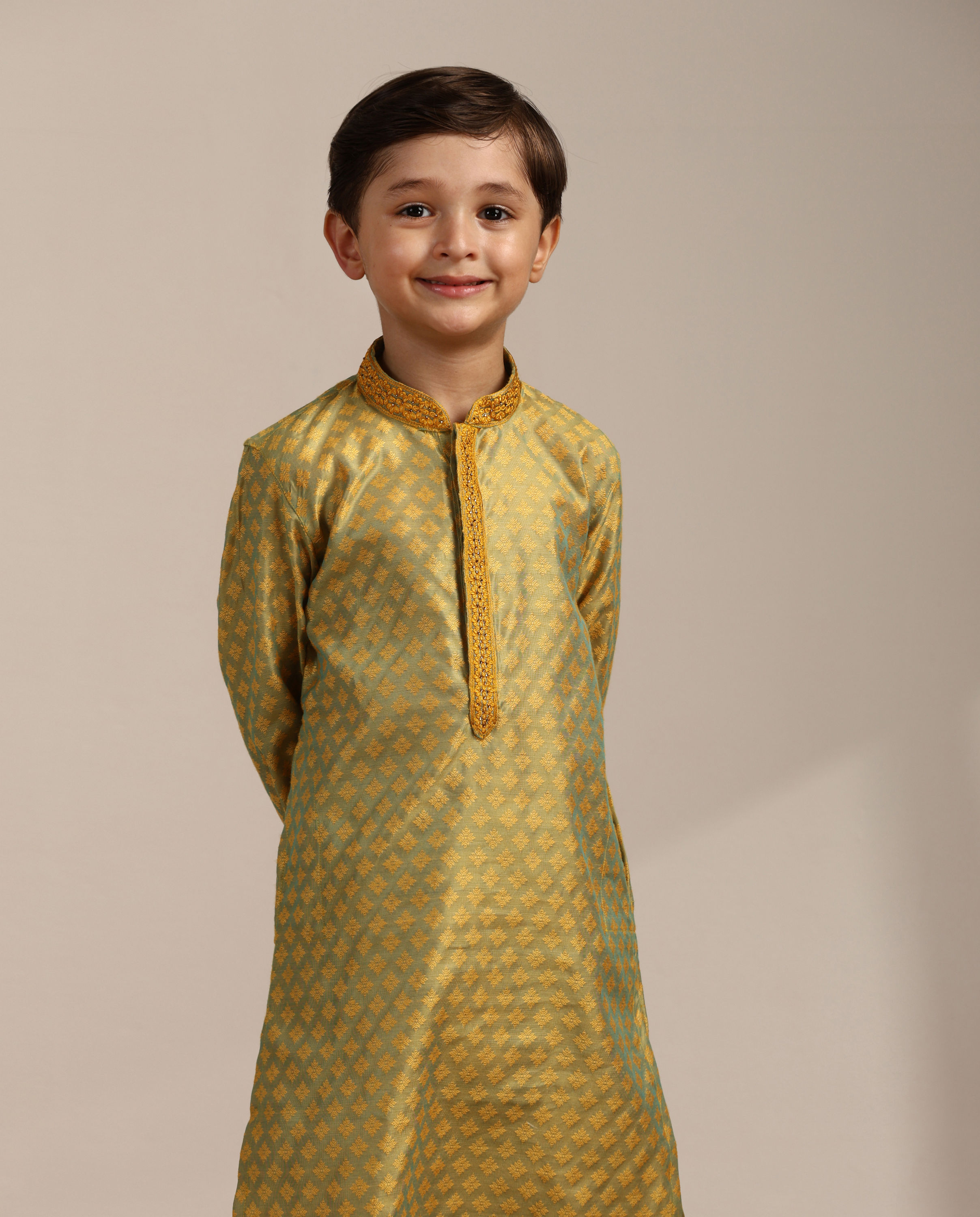 Manyavar Boys Boys Amber Yellow Floral Patterned Kurta Set