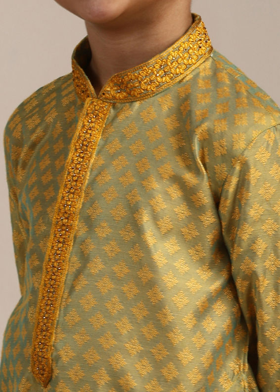 Manyavar Boys Boys Amber Yellow Floral Patterned Kurta Set