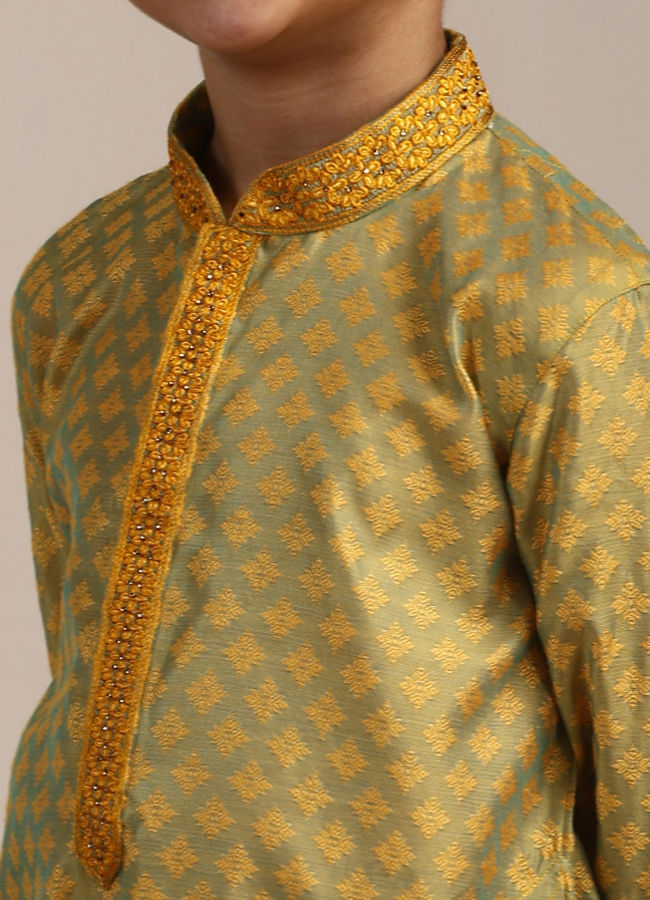 Manyavar Boys Boys Amber Yellow Floral Patterned Kurta Set