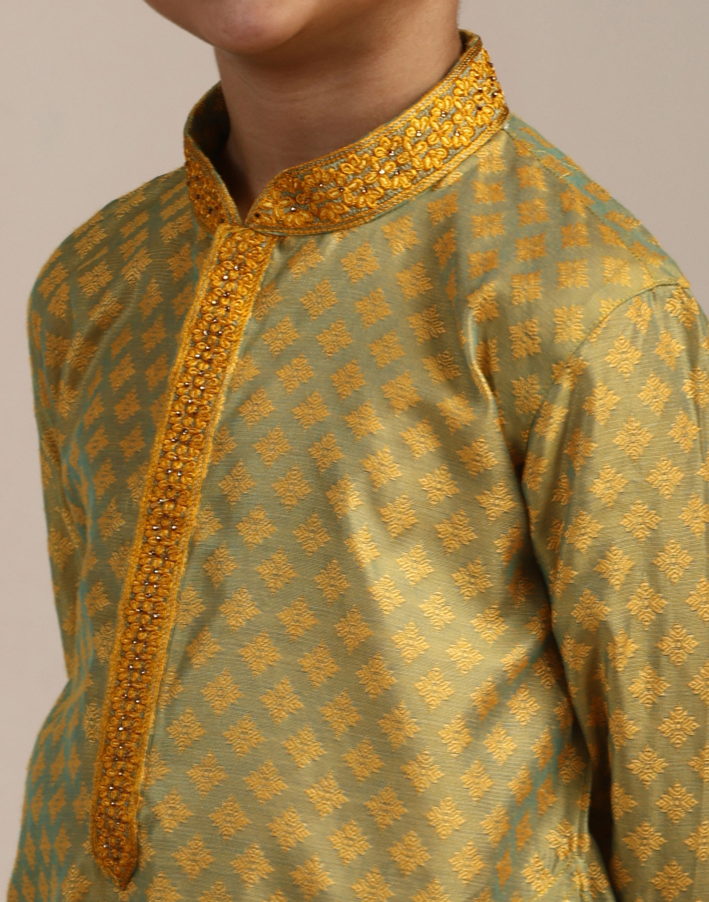 Manyavar Boys Boys Amber Yellow Floral Patterned Kurta Set