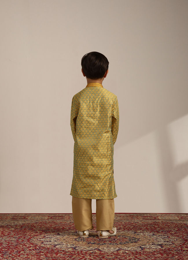 alt message - Manyavar Boys Boys Amber Yellow Floral Patterned Kurta Set image number 4