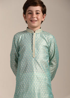 alt message - Manyavar Boys Boys Pastel Blue Diamond Patterned Kurta Set image number 0