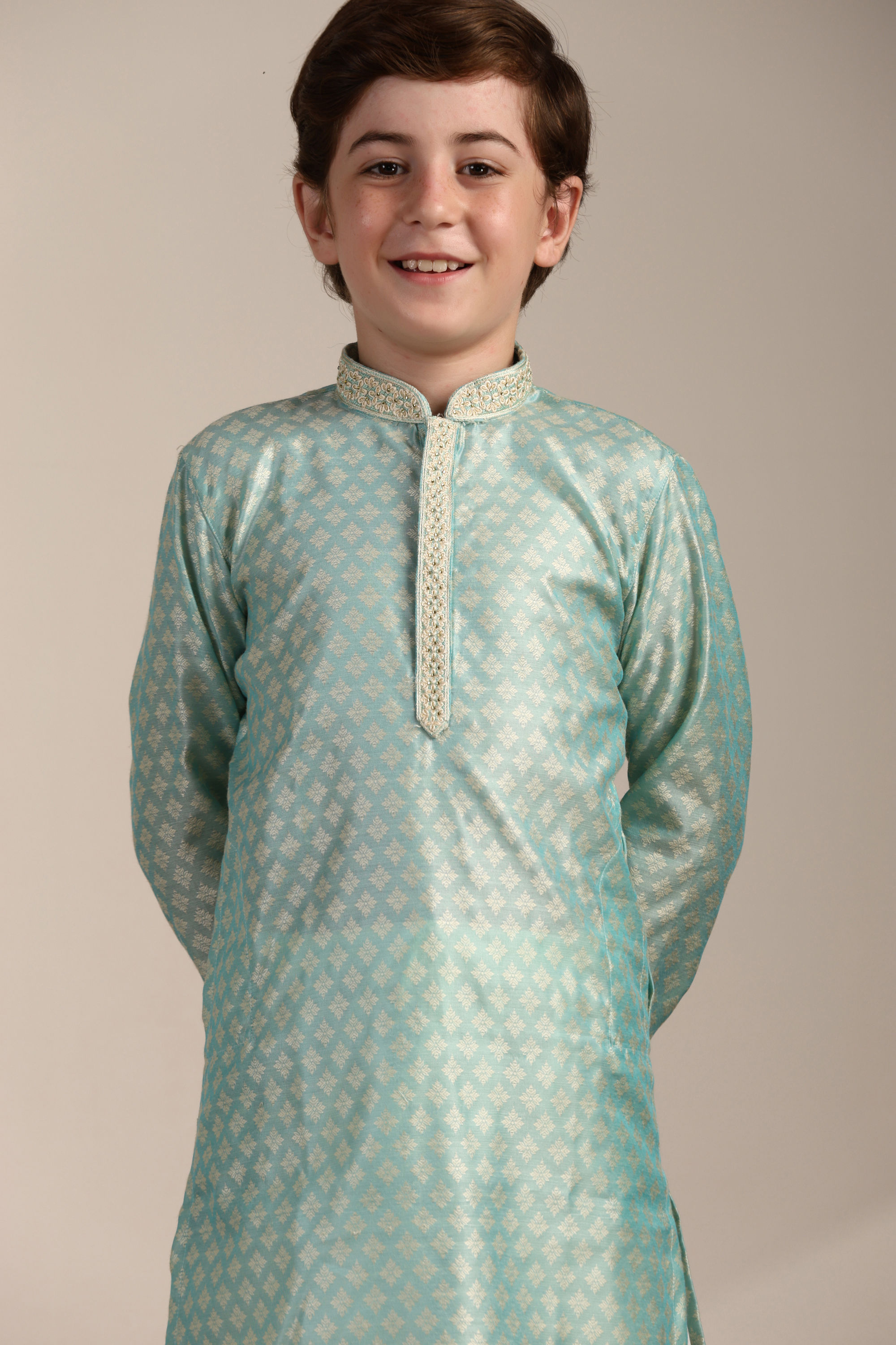 Manyavar Boys Boys Pastel Blue Diamond Patterned Kurta Set