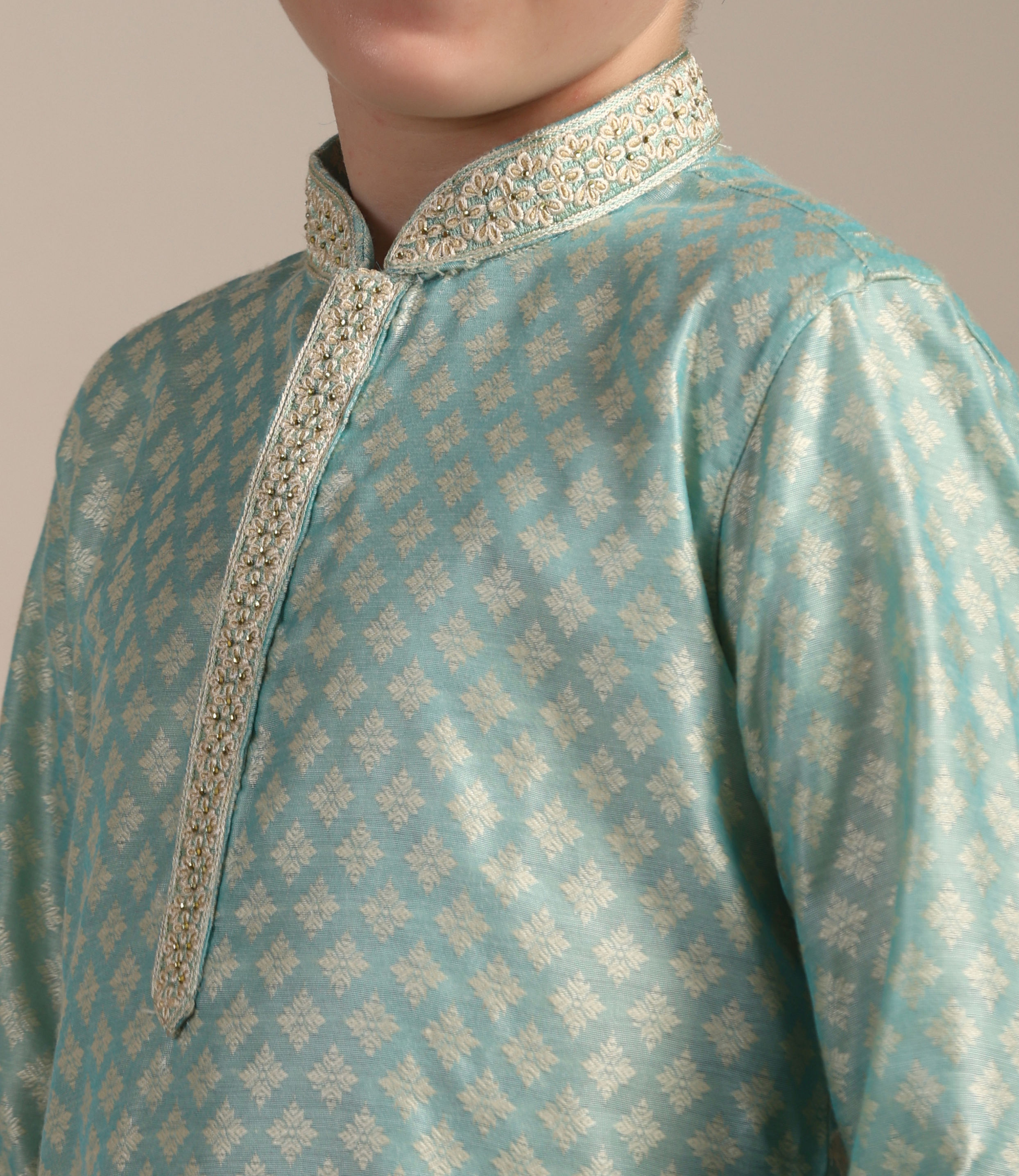 Manyavar Boys Boys Pastel Blue Diamond Patterned Kurta Set