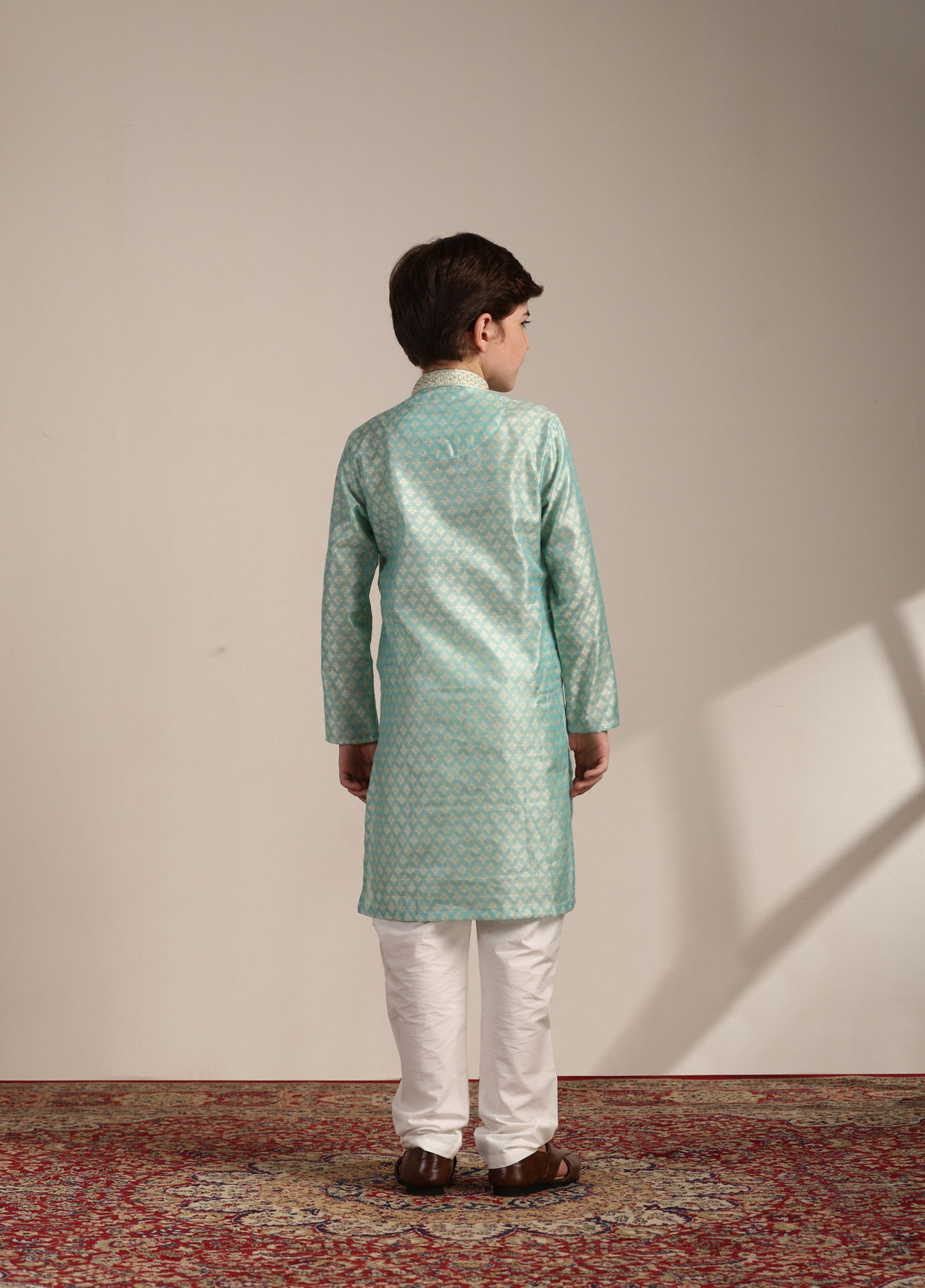 Boys Pastel Blue Diamond Patterned Kurta Set image number 5