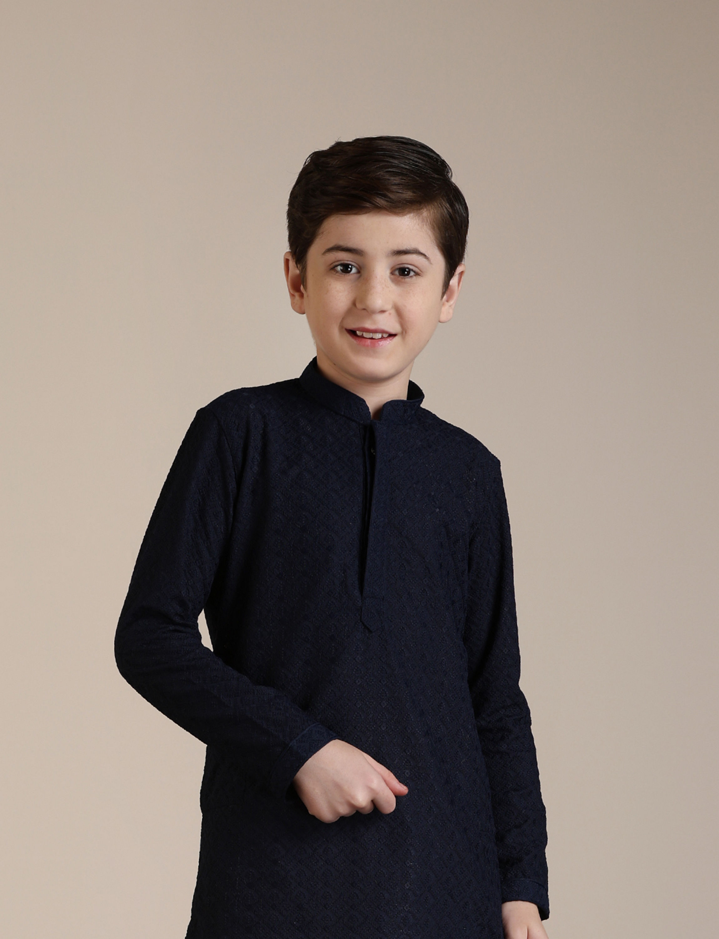 Manyavar Boys Boys Dark Blue Jaal Patterned Kurta Set