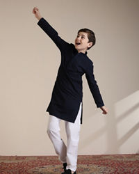 Manyavar Boys Boys Dark Blue Jaal Patterned Kurta Set