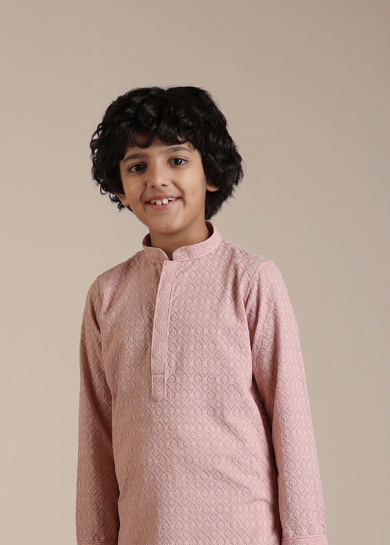 Manyavar Boys Boys Rani Pink Jaal Patterned Kurta Set